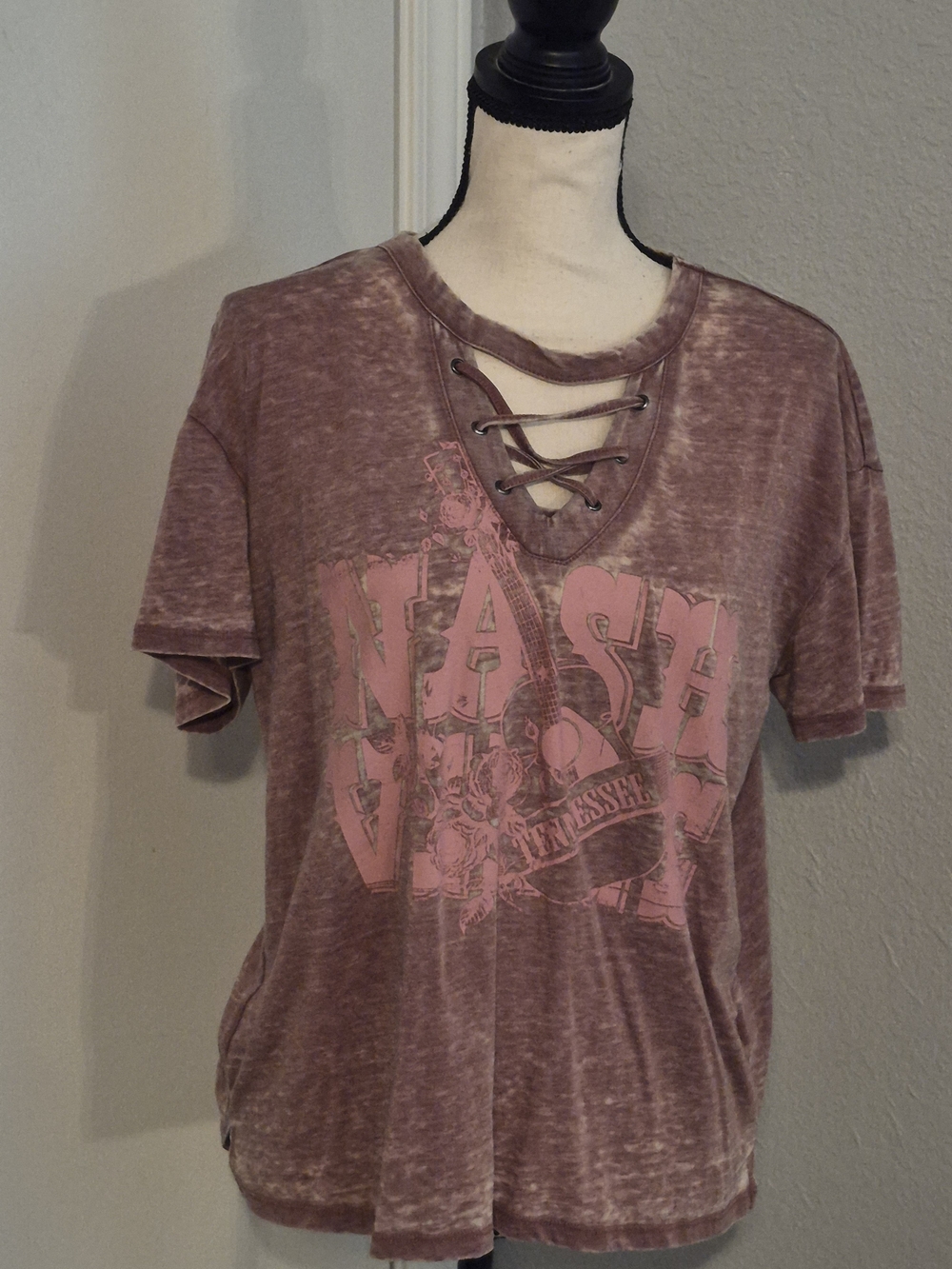 Maurices Lace-Up Washed Mauve Graphic Short Sleeve Tee